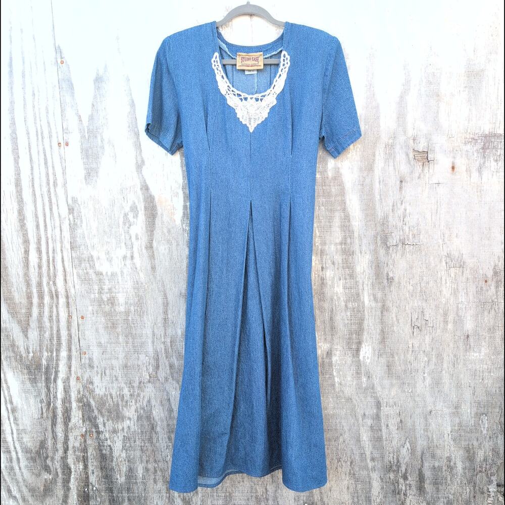 Vtg Studio Ease Denim & Lace Midi Fit & Flare Modest Dress Women's Size 10 47"